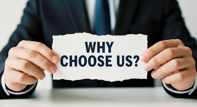 why choose us business man holding sign for advertisement and marketing photo